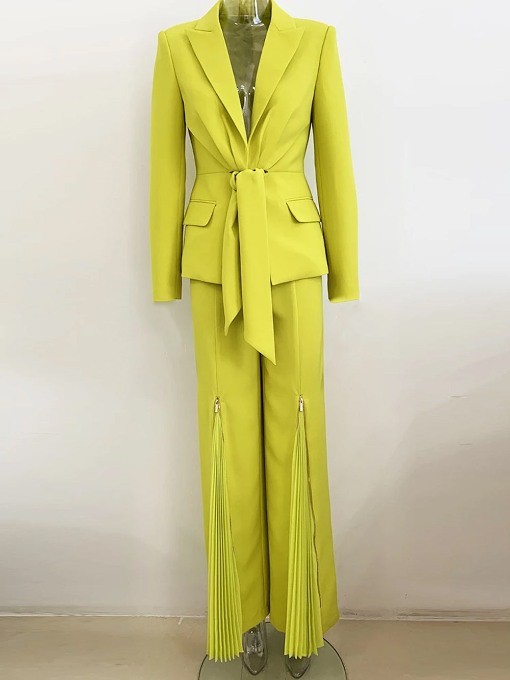 Green Tie Front Blazer and Pleated Flare Pants Set 10