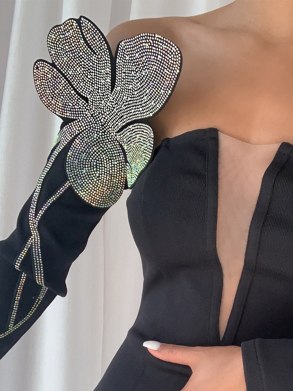 Black Off-Shoulder Rhinestone Floral Applique Long Sleeve High Slit Maxi Gown 6