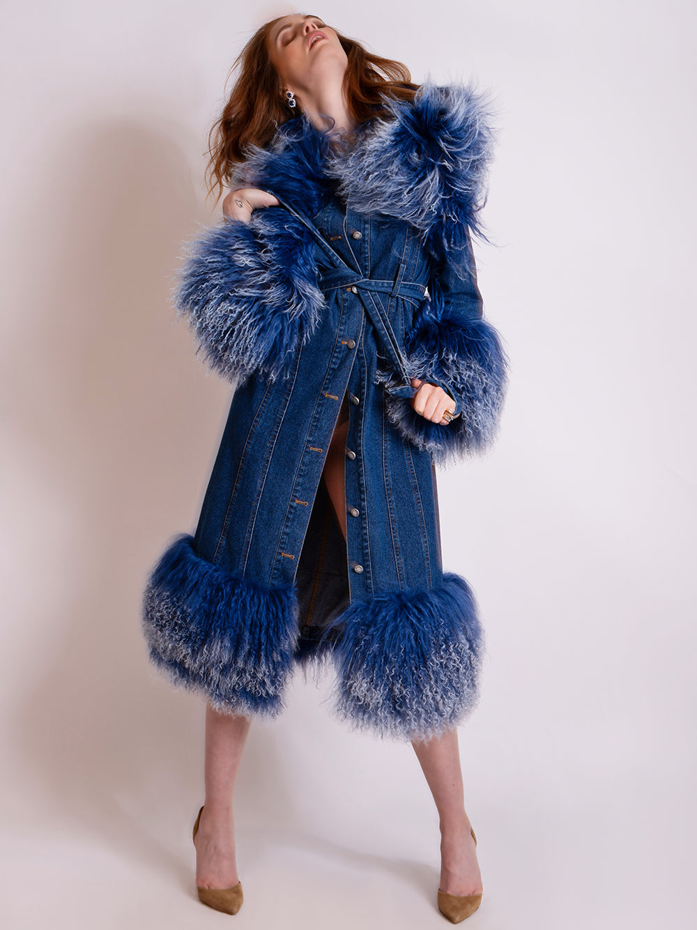 Denim Shaggy Fur Collar Cuff Hem Belted Button-Up Denim Coat 14