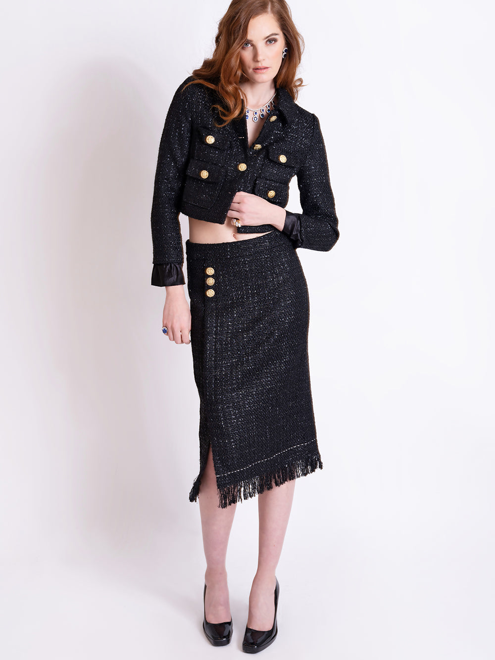 Black Gold Button Tweed Cropped Jacket and Fringe Skirt Set