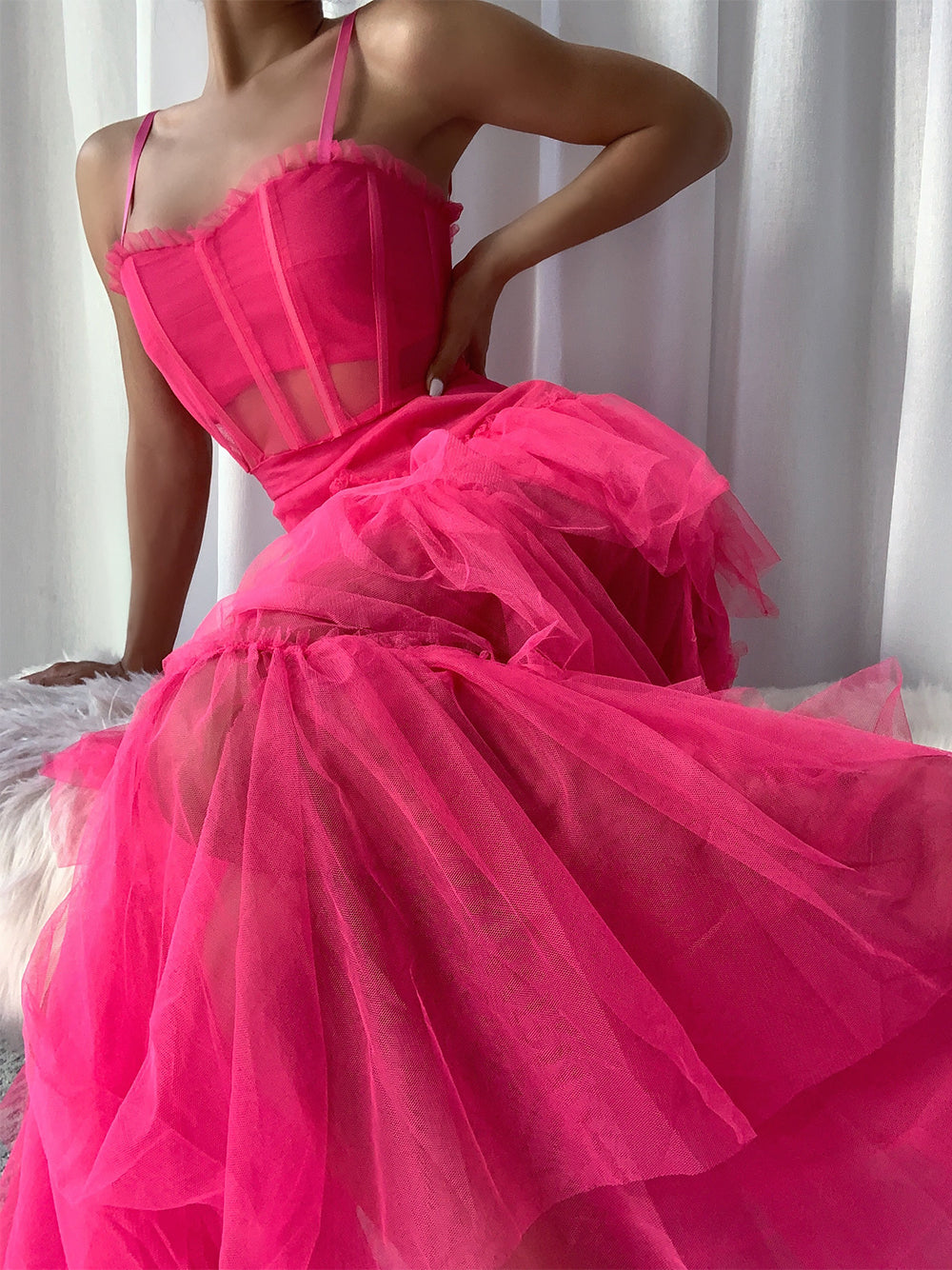 Fuchsia Sweetheart Strap Corset Tulle Tiered Ruffle Maxi Gown 2