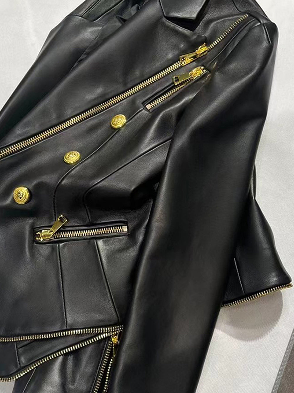Black Peak Lapel Double Breasted Gold Button Zip Leather Blazer