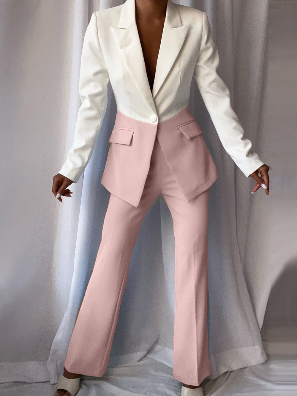 Pink Notch Lapel Color Block Blazer And High Waist Pants Set