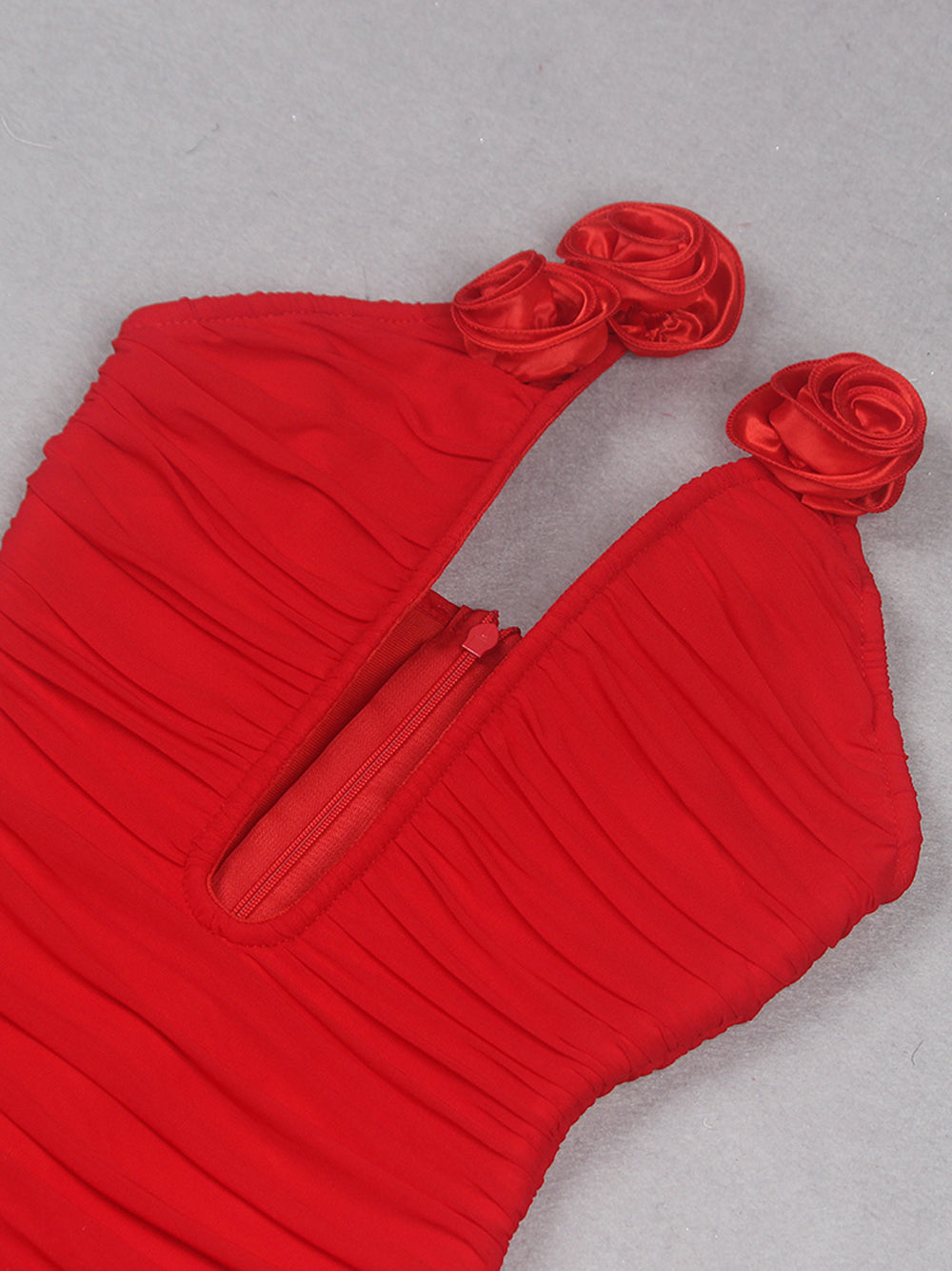 Red Plunge Neck Rosette Applique Halter Ruched Bodycon Mini Dress