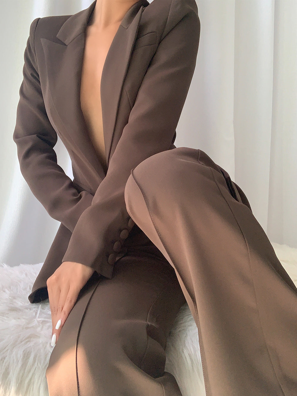 Brown Peak Lapel Tailored Blazer And Flared Pants Set 2