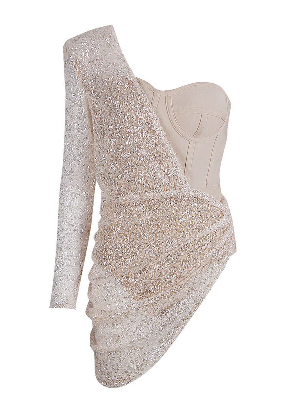 Beige One-Shoulder Sequin Long Sleeve Bodycon Mini Dress