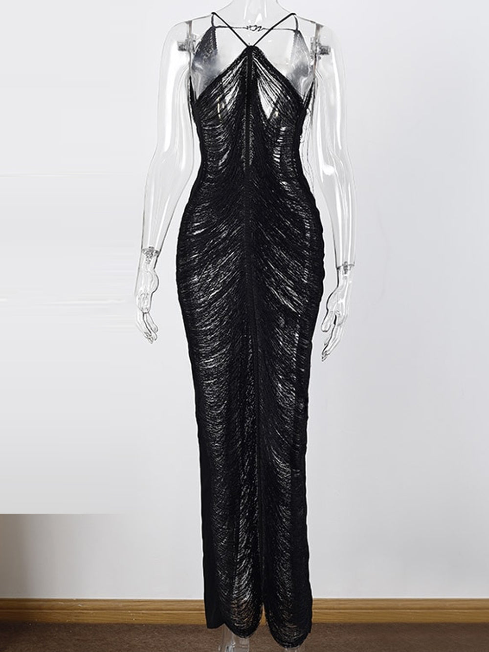 Black Halter Neck Distressed Fringe Sheer Bodycon Maxi Dress