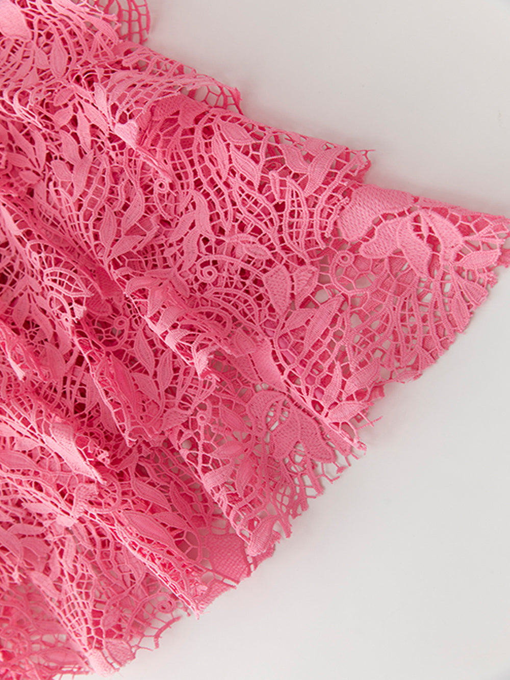 Pink Ruffle High Neck Bell Sleeve Crochet Lace Tiered Mermaid Maxi Dress 7