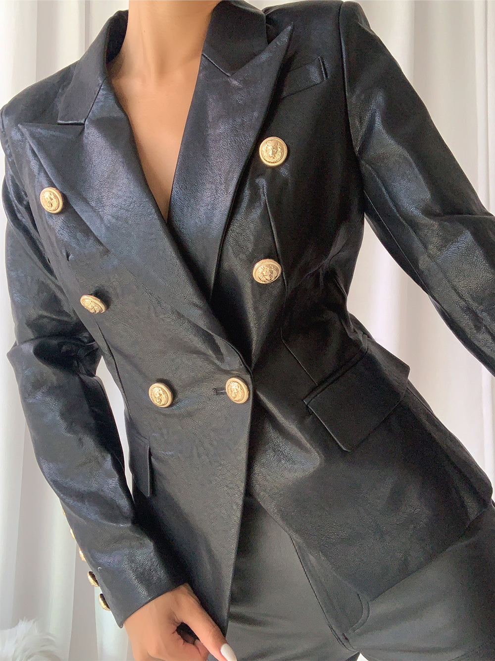 Black Peak Lapel Double-Breasted Gold Button Leather Blazer