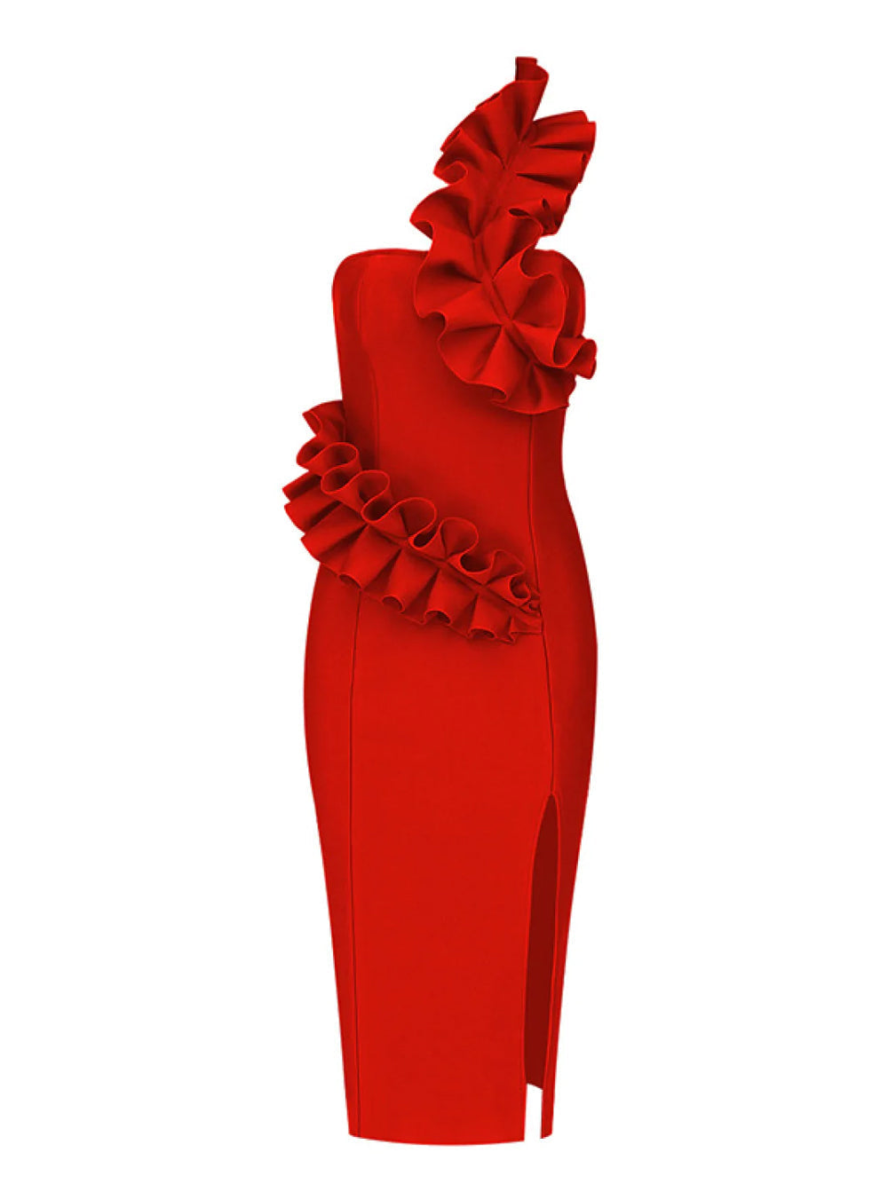 Red One-Shoulder Ruffle Trim Front Slit Bodycon Midi Dress