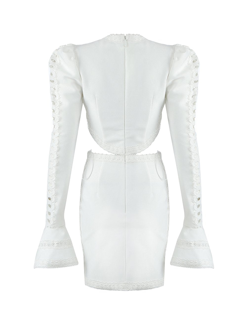 White Crew Neck Flared Sleeve Crochet Lace Cutout Bodycon Mini Dress