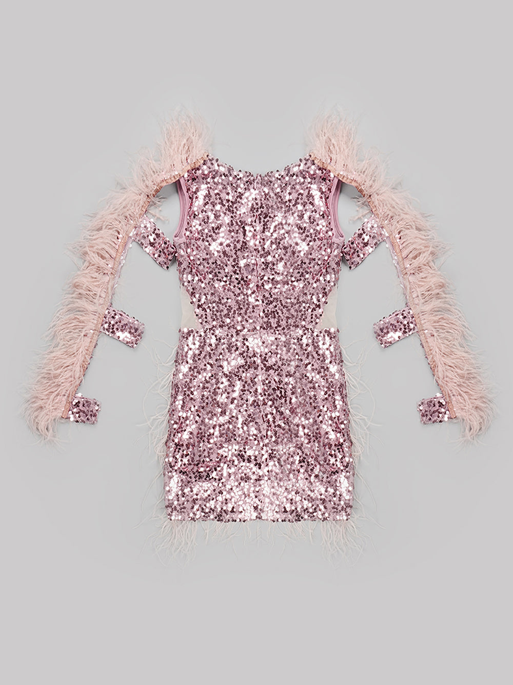 Pink V-Neck Sequin Feather Trim Cutout Sleeve Bodycon Mini Dress 8