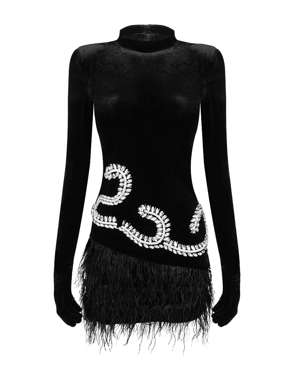Black High Neck Long Sleeve Velvet Rhinestone Feather Hem Bodycon Mini Dress