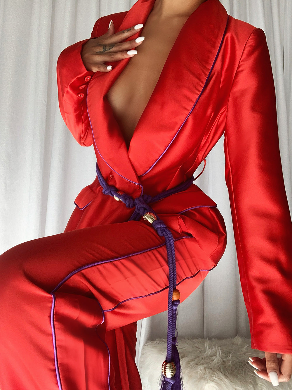 Red Satin Shawl Collar Piped Blazer And Pants Set 10