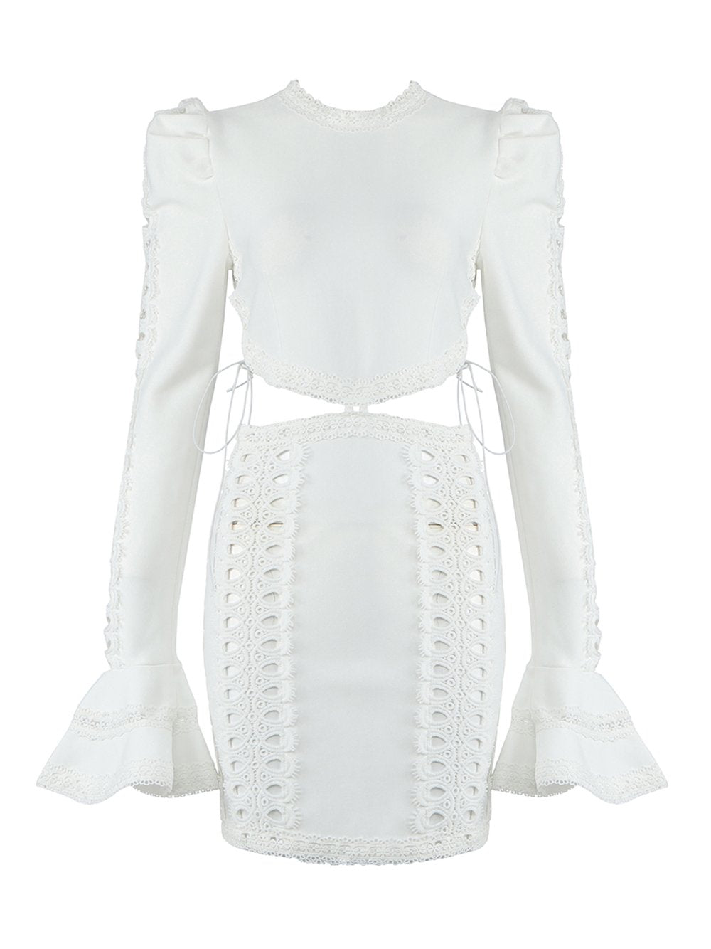 White Crew Neck Flared Sleeve Crochet Lace Cutout Bodycon Mini Dress