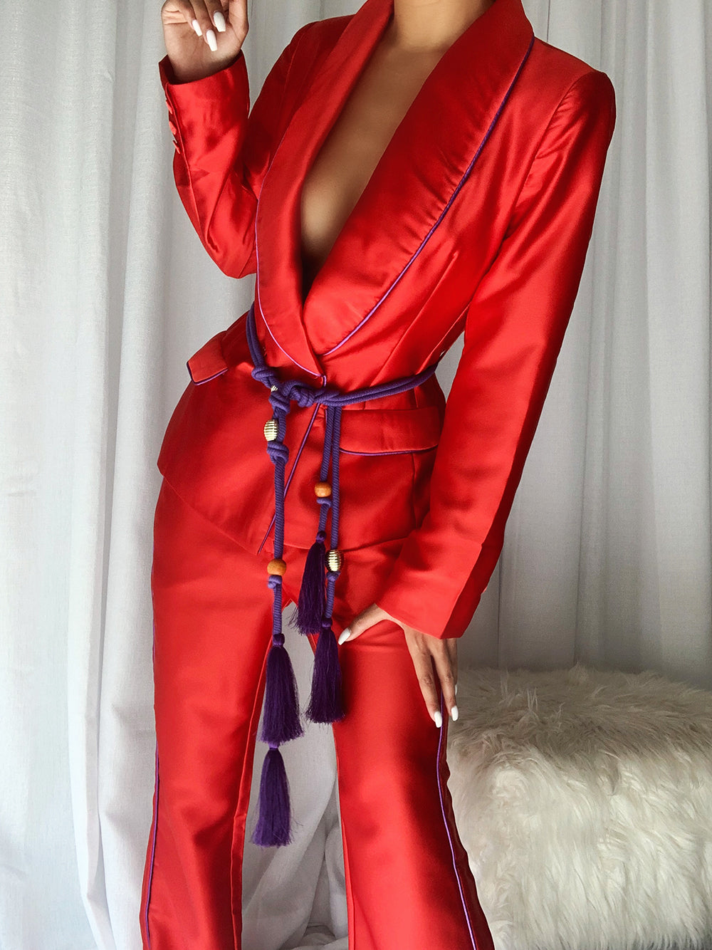 Red Satin Shawl Collar Piped Blazer And Pants Set 9