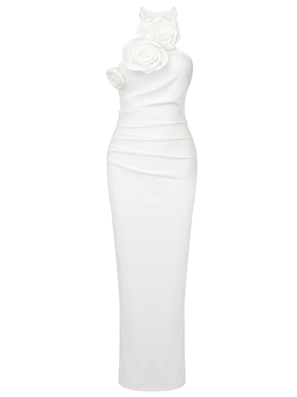 White Halter Neck Rosette Applique Ruched Bodycon Maxi Gown
