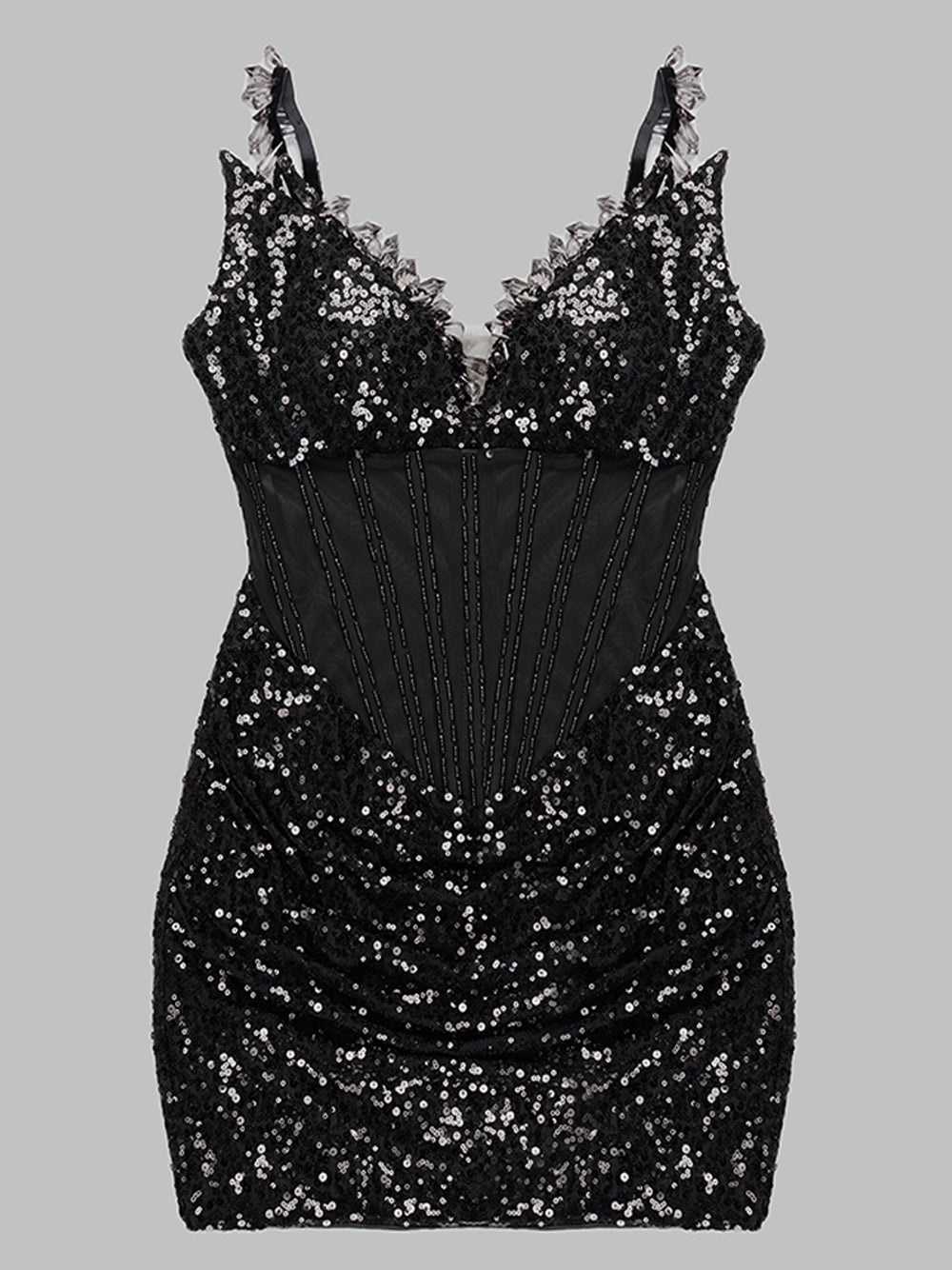 Black V-Neck Beaded Sequin Sheer Corset Ruched Bodycon Mini Dress