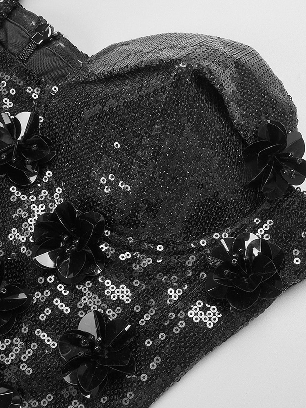 Black Strapless Sweetheart Sequin Floral Applique Corset Bodycon Maxi Gown