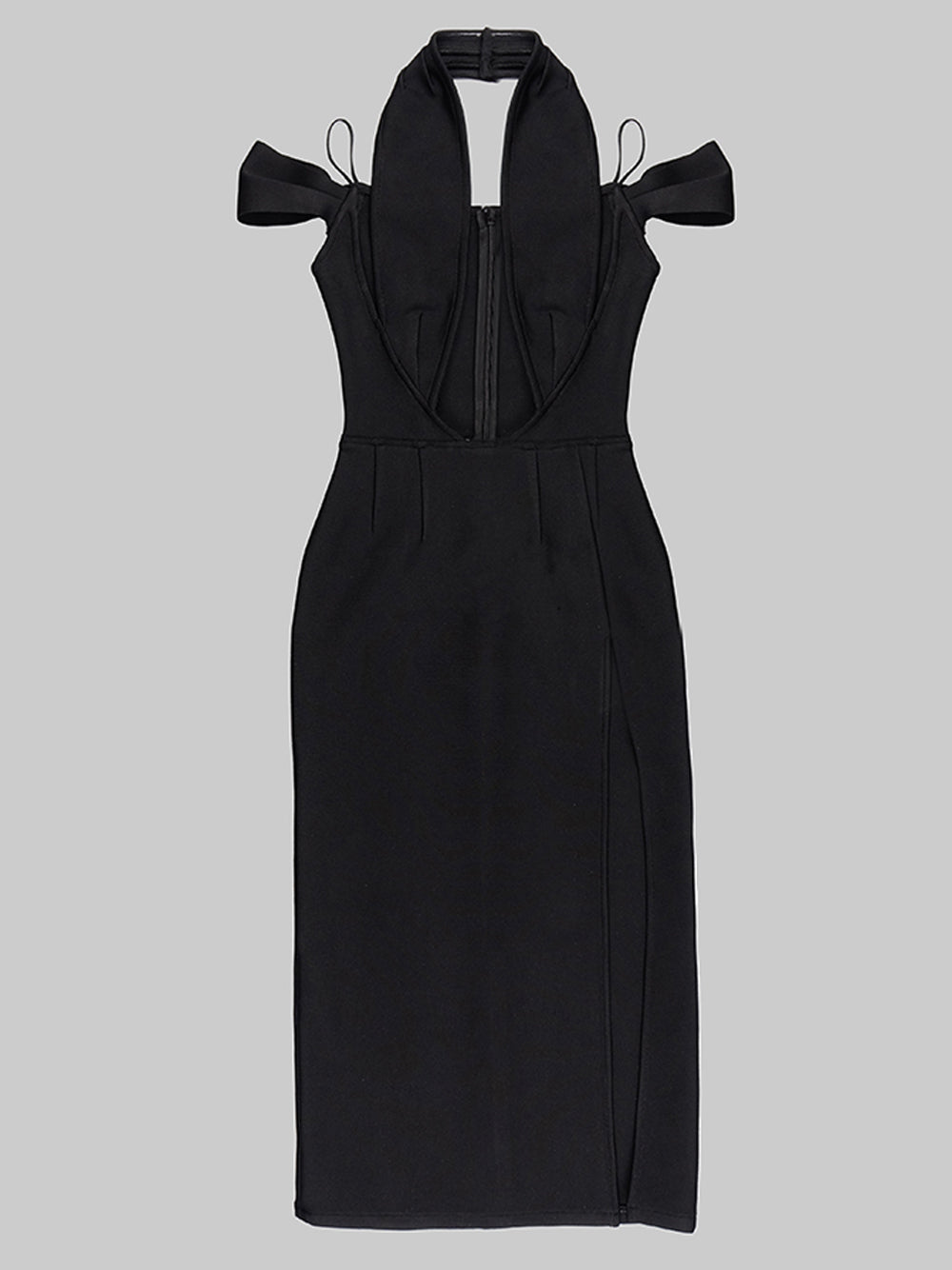 Black Off-Shoulder Draped Collar Deep Plunge High Slit Bodycon Midi Dress