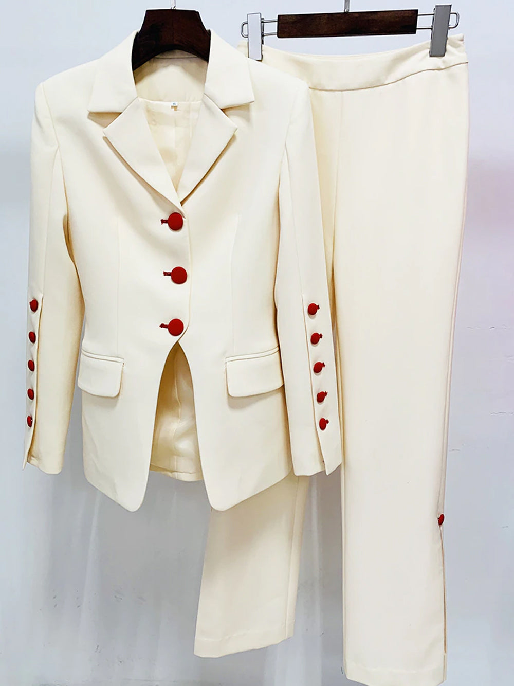 Beige Notch Lapel Button Blazer and Flare Pants Set