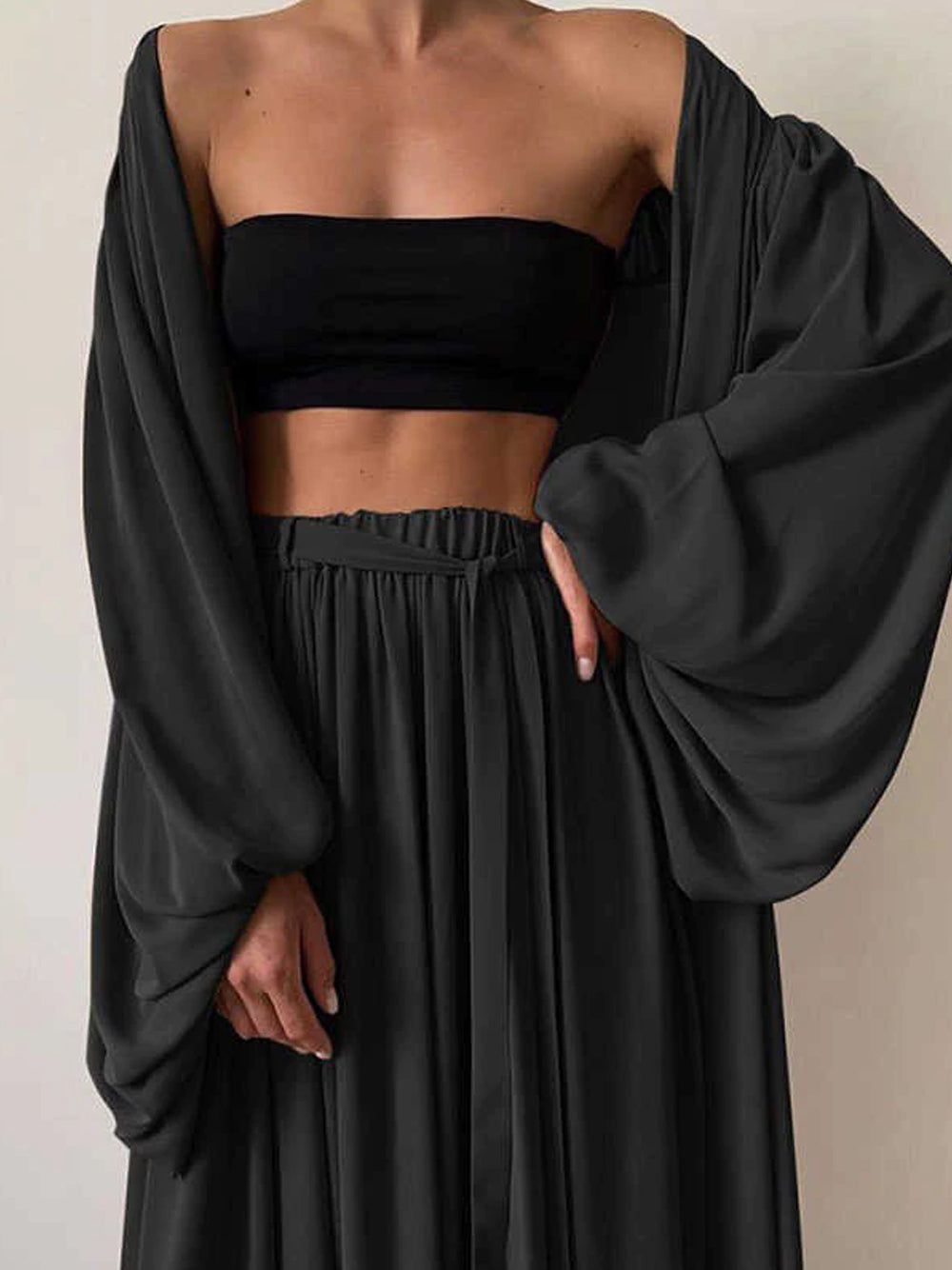 Open Front Balloon Sleeve Kimono Wide-Leg Pants Set