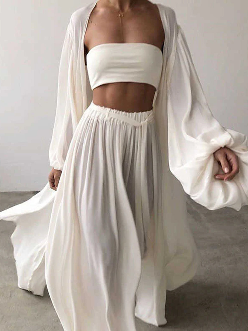 Open Front Balloon Sleeve Kimono Wide-Leg Pants Set