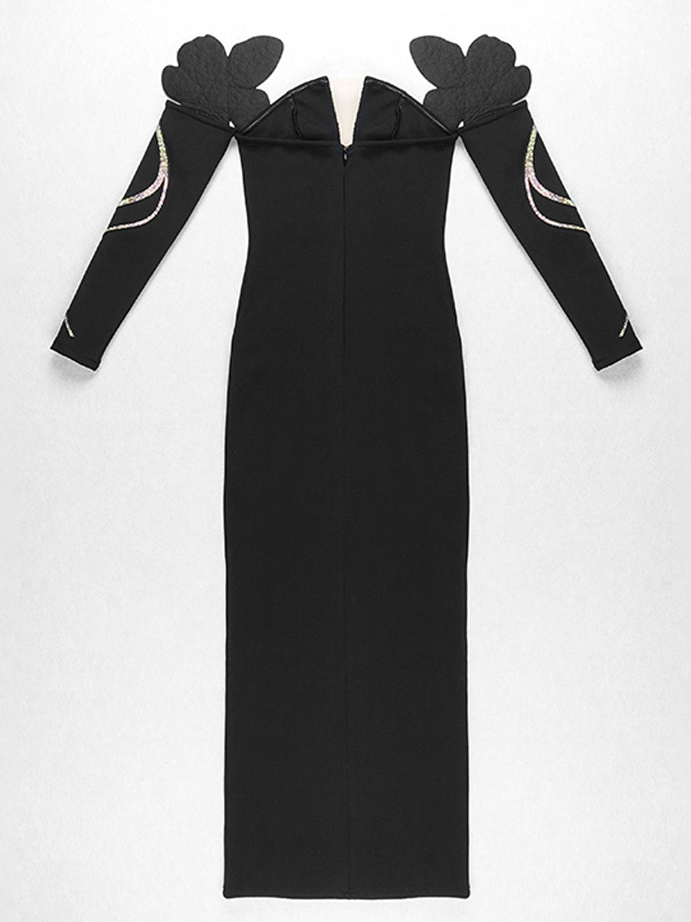 Black Off-Shoulder Rhinestone Floral Applique Long Sleeve High Slit Maxi Gown 8