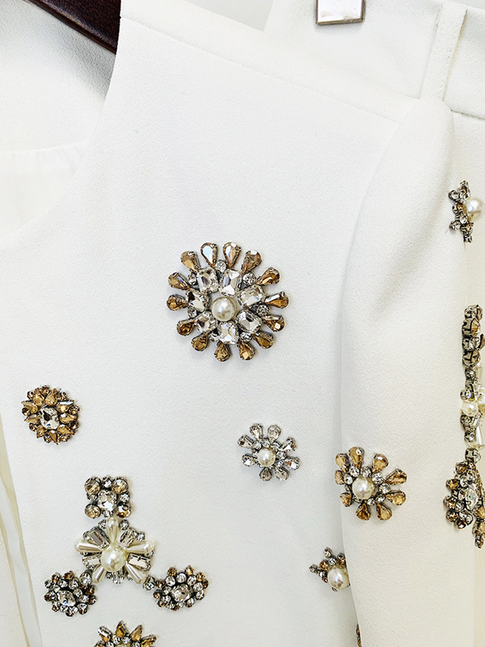 White Rhinestone Floral Embellished Cropped Jacket and Split Flared Pants Set