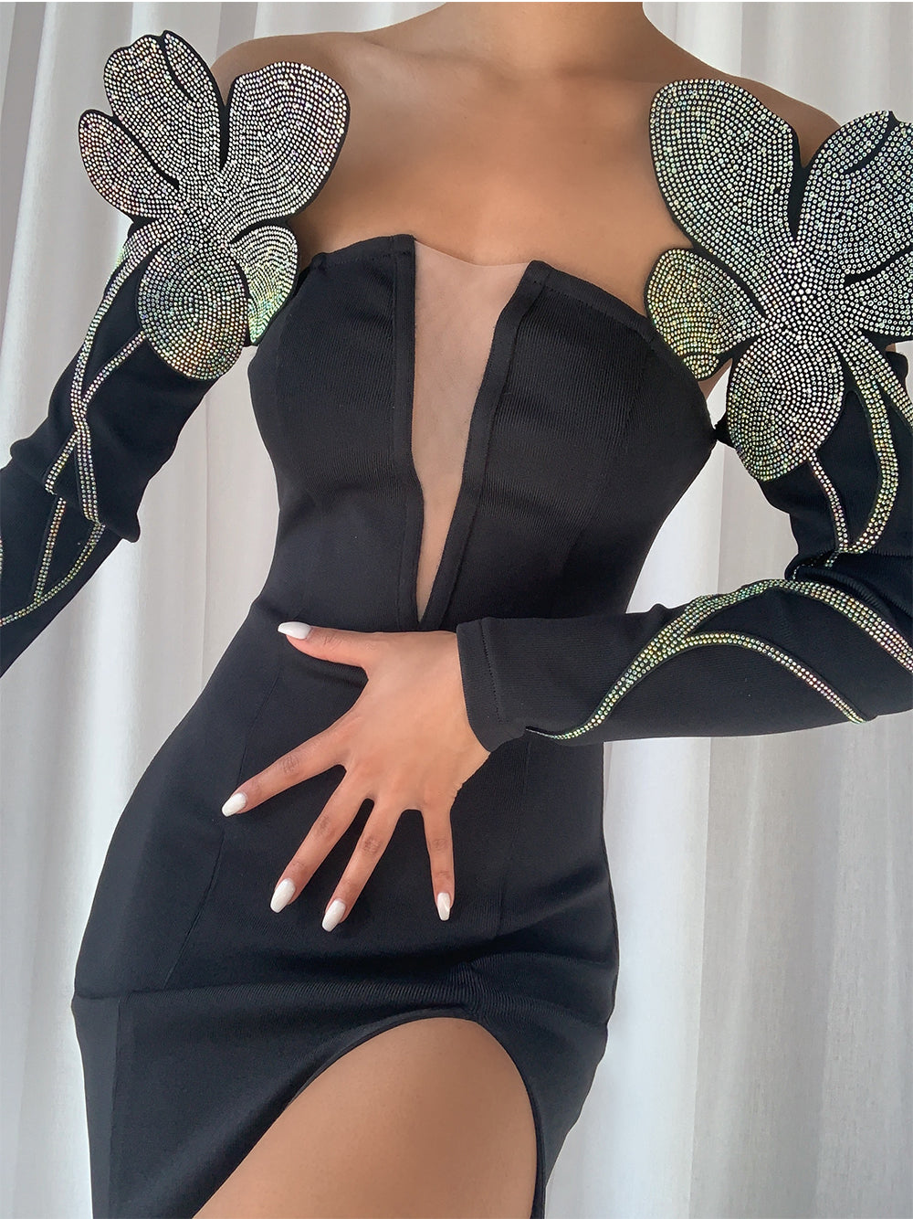 Black Off-Shoulder Rhinestone Floral Applique Long Sleeve High Slit Maxi Gown