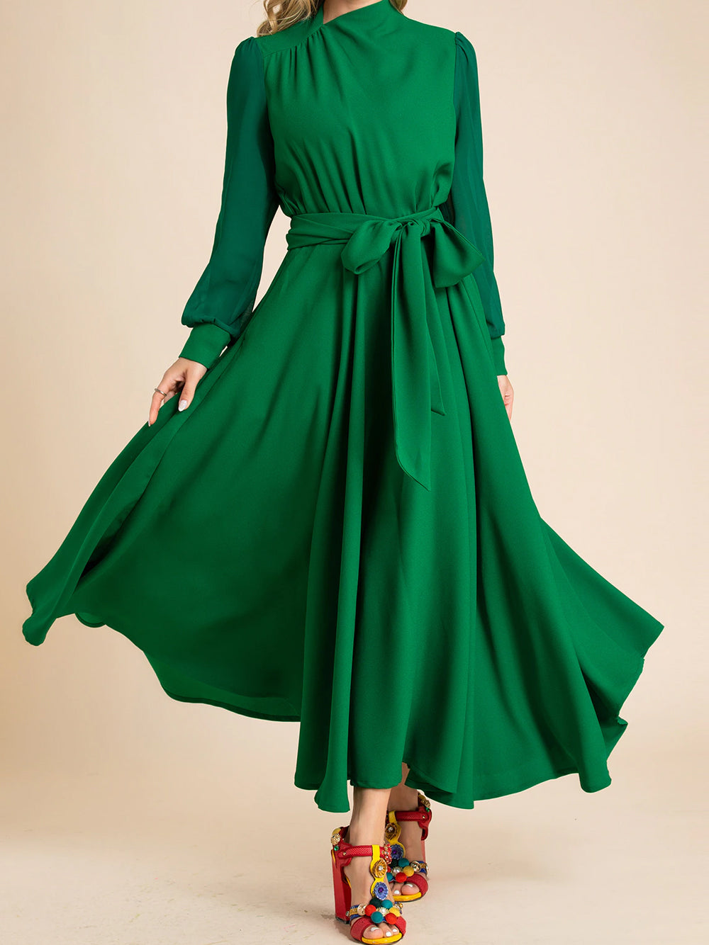 Green Mock Neck Sheer Sleeve Waist Tie A-Line Midi Dress 3