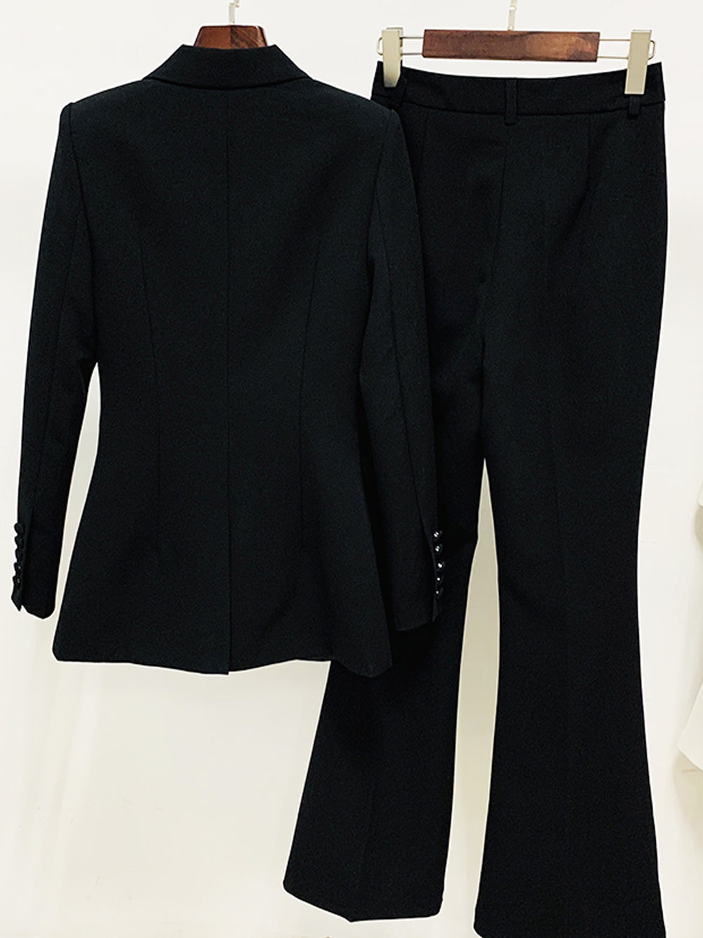 Black Peak Lapel Single Button Blazer and Flared Pants Set 21