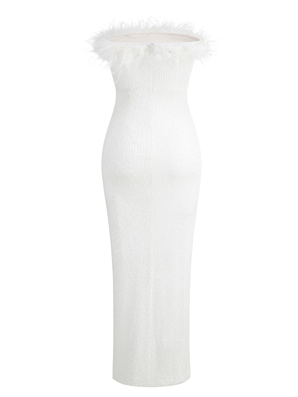 White Strapless Feather Trim Sequin High Slit Bodycon Midi Dress 3