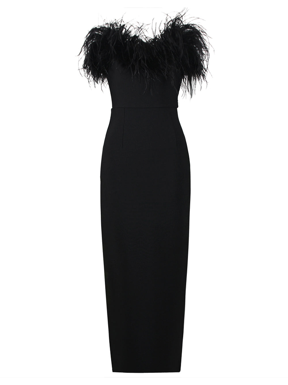 Black Strapless Feather Trim Bodycon Column Maxi Dress