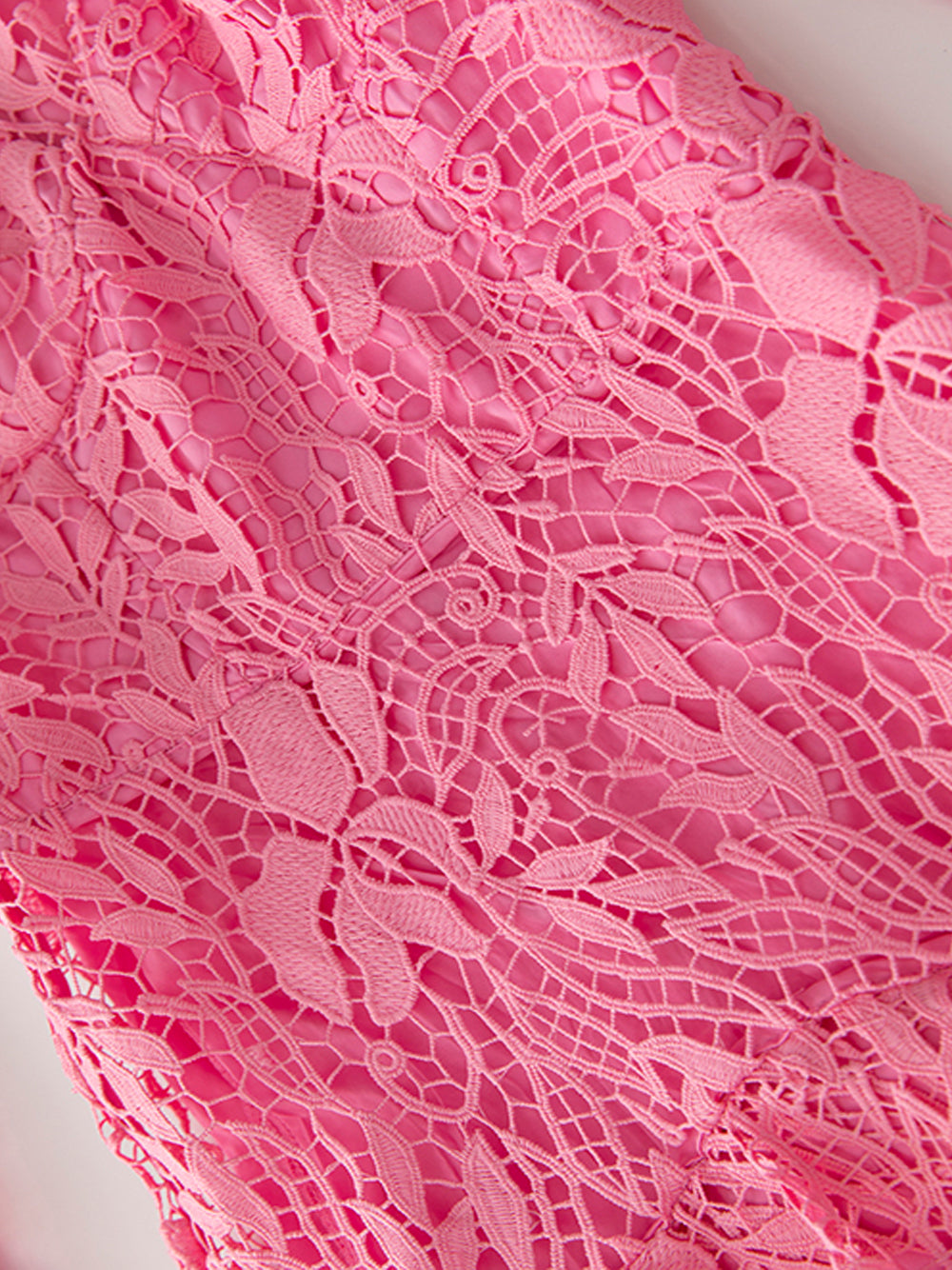 Pink Ruffle High Neck Bell Sleeve Crochet Lace Tiered Mermaid Maxi Dress 4