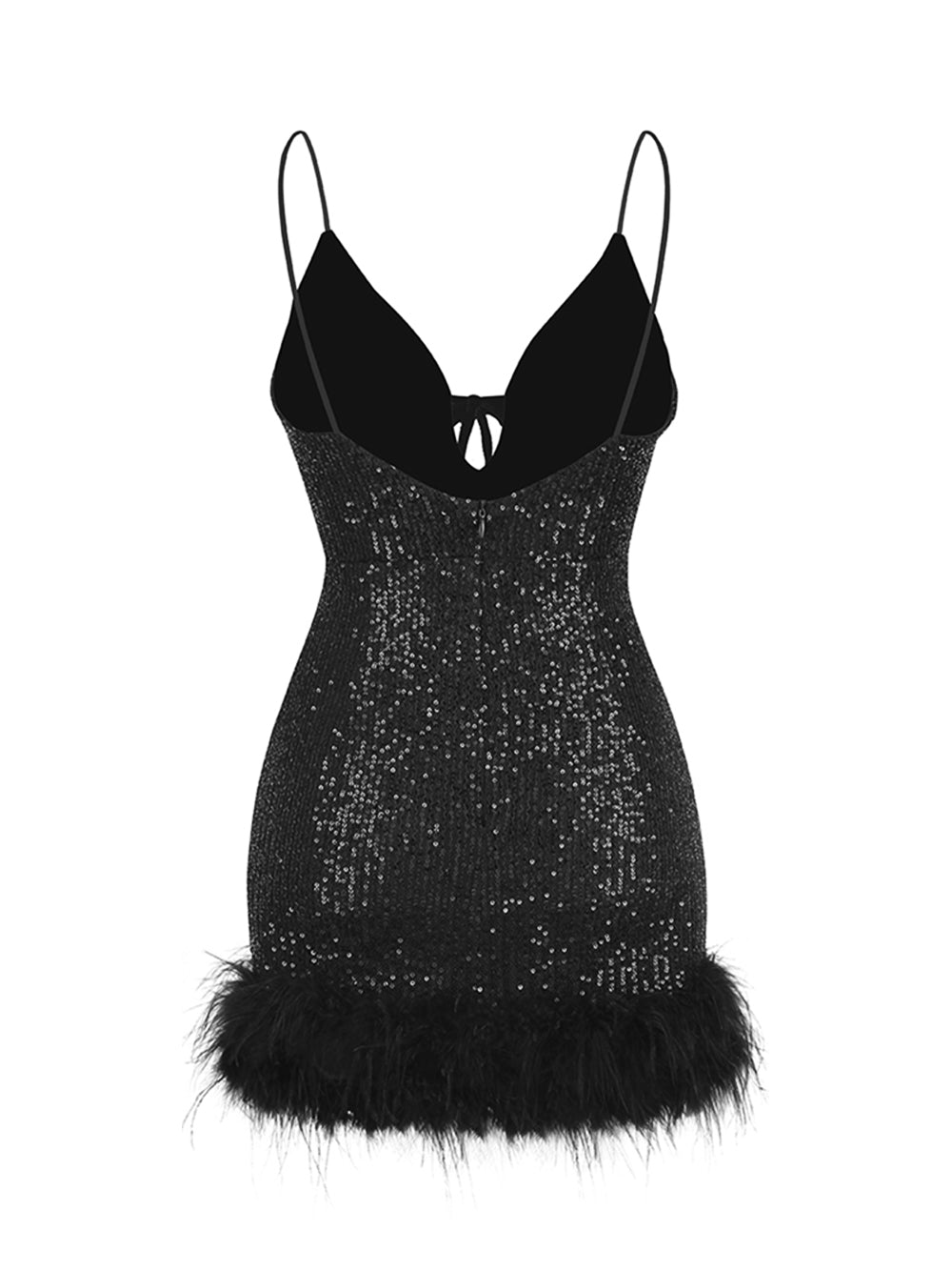 Black Spaghetti Strap Plunge Sequin Feather Trim Bodycon Mini Dress 2