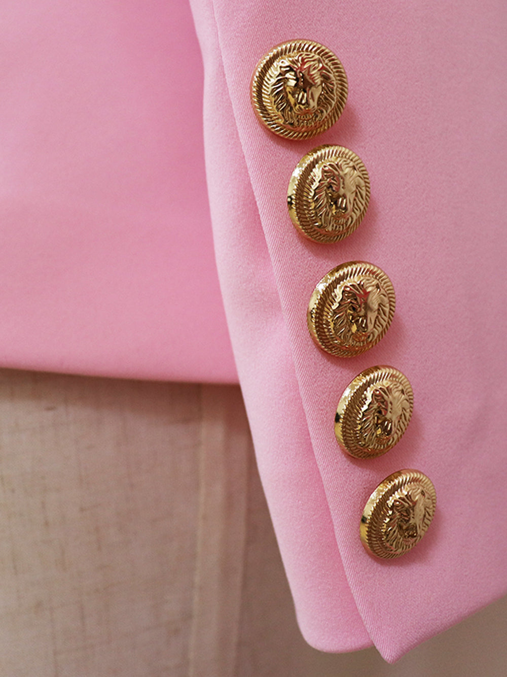 Pink Peak Lapel Gold Button Double Breasted Fitted Blazer 10