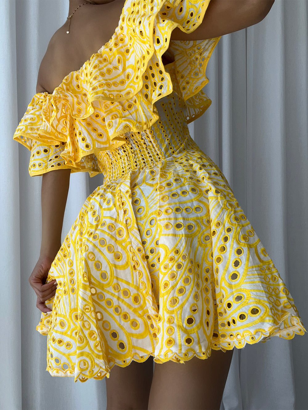 Off-Shoulder Ruffle Eyelet Embroidered Scallop Hem Flared Mini Dress 8