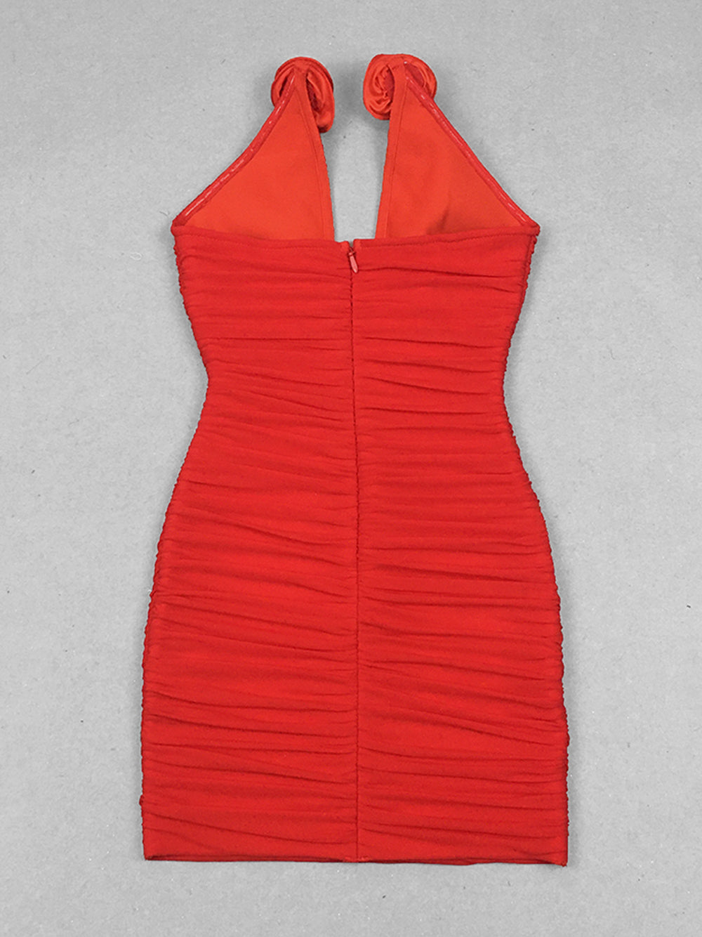 Red Plunge Neck Rosette Applique Halter Ruched Bodycon Mini Dress