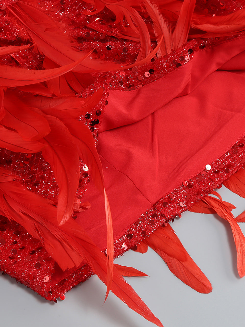 Red Strapless Sequin Feather Trim Bodycon Mini Dress