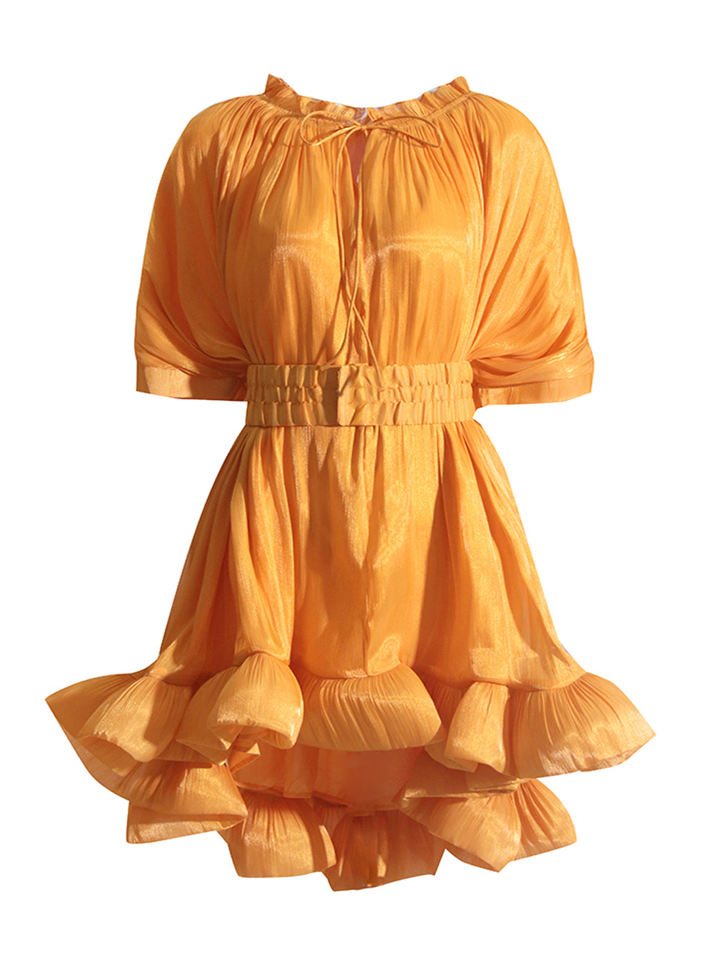 Tie Neck Ruffle Hem Batwing Sleeve Belted Flared Mini Dress