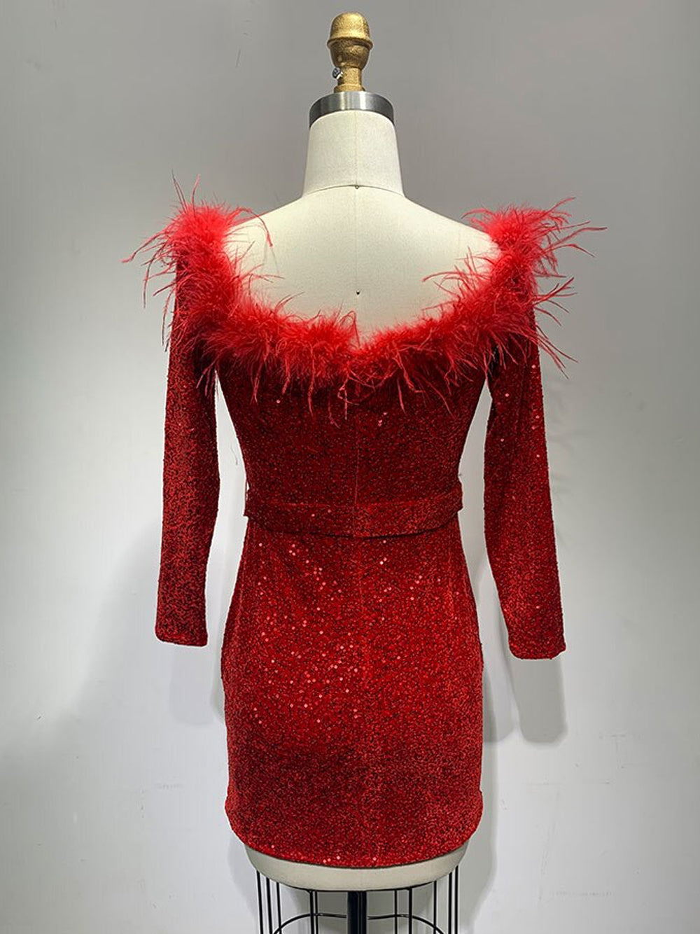 Red Off-Shoulder Feather Trim Sequin Long Sleeve Bodycon Mini Dress