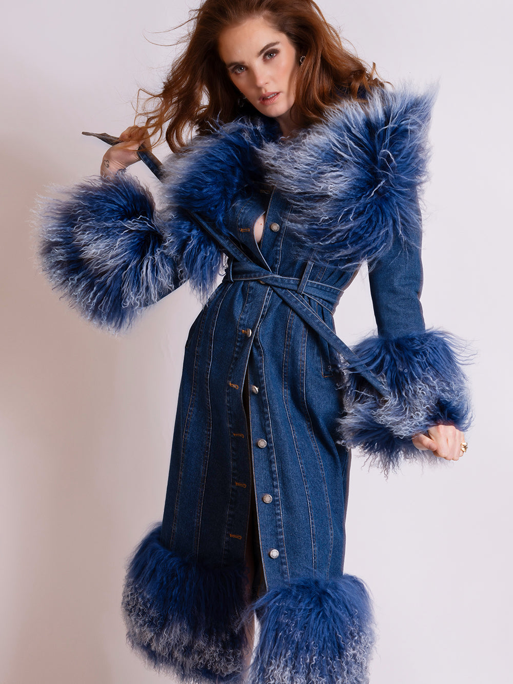 Denim Shaggy Fur Collar Cuff Hem Belted Button-Up Denim Coat 13