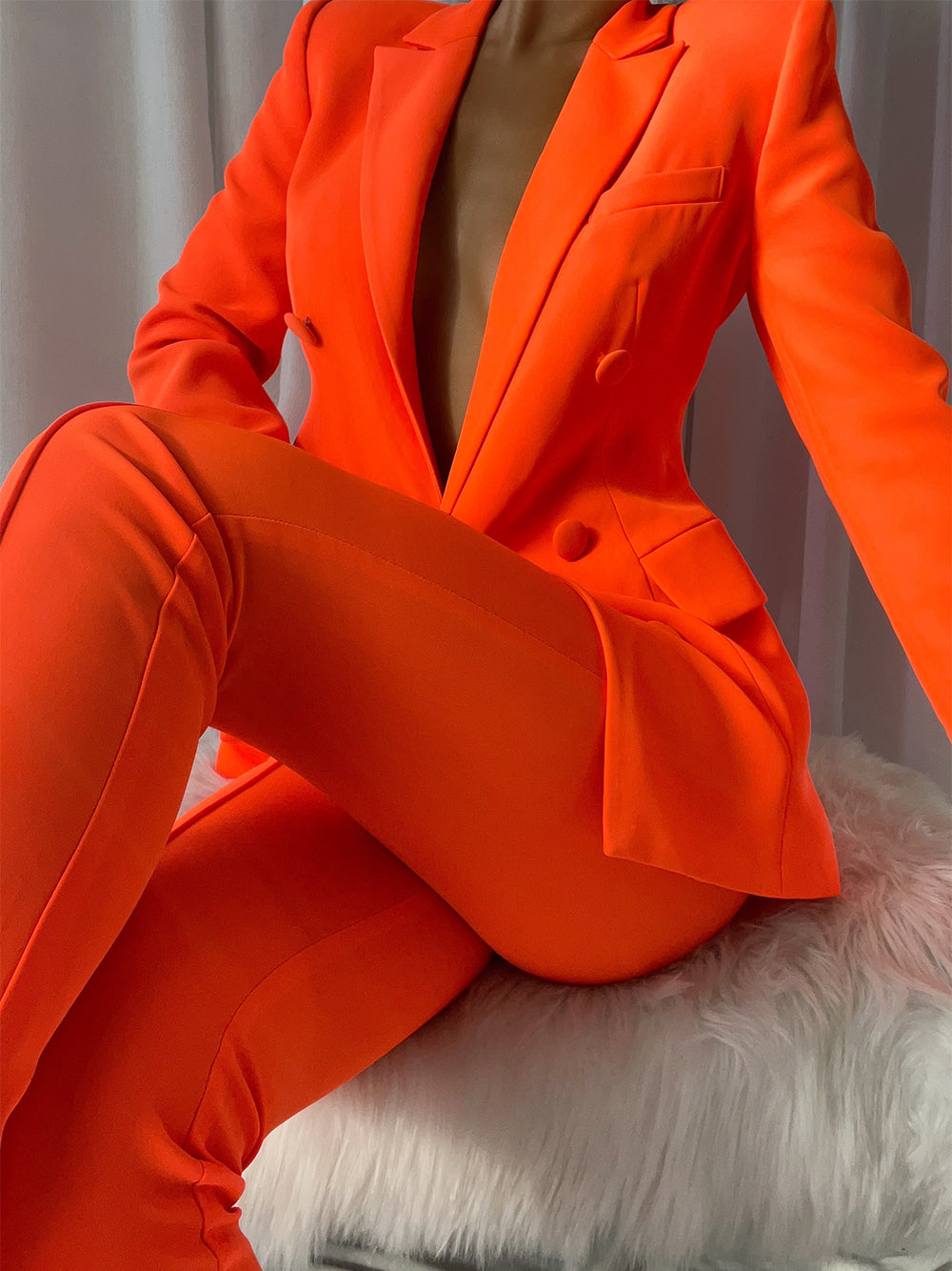 Orange Peak Lapel Double-Breasted Blazer Skinny Pants Set