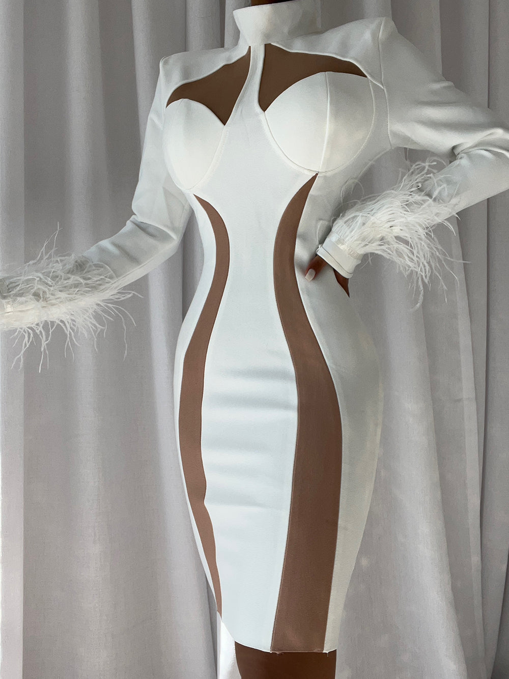 White High Neck Mesh Cutout Feather Cuff Bandage Bodycon Mini Dress