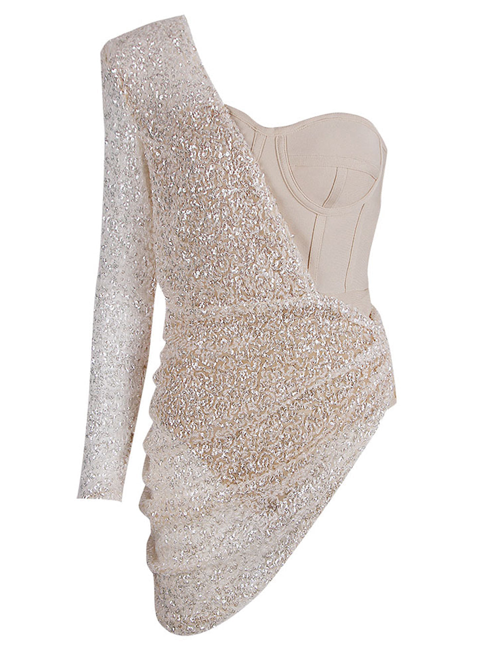 Beige One-Shoulder Sequin Long Sleeve Bodycon Mini Dress