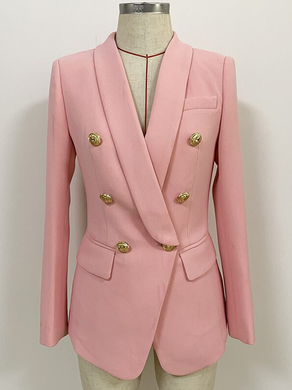 Pink Shawl Collar Double Breasted Gold Button Blazer
