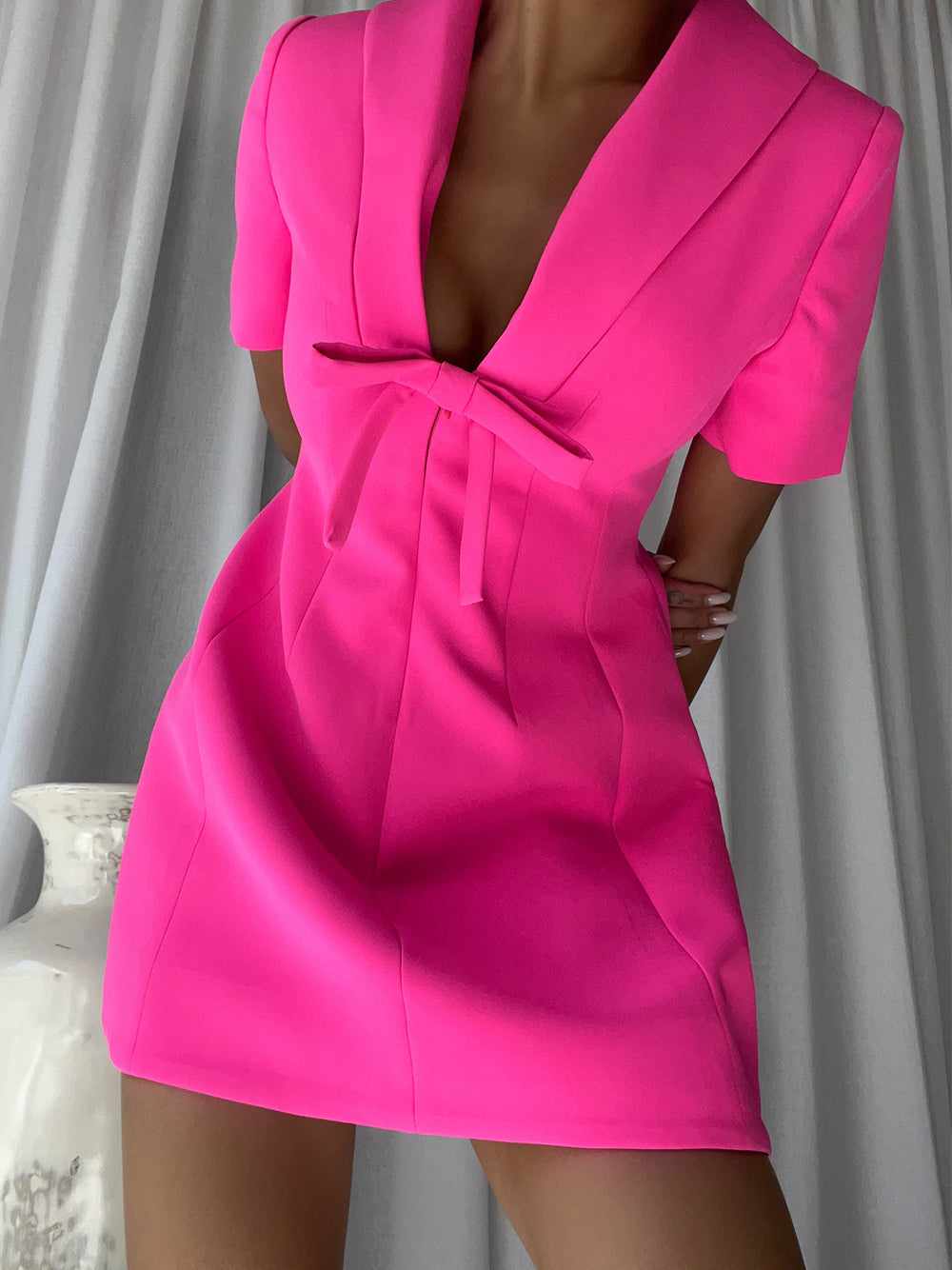 Fuchsia High Neck Cutout Short Sleeve A-Line Mini Dress 6