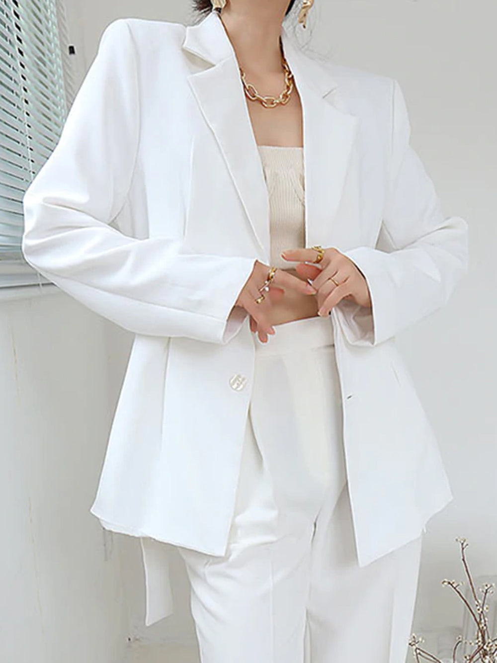 White Notch Lapel Ruched Corset Belt Long Sleeve Blazer 3