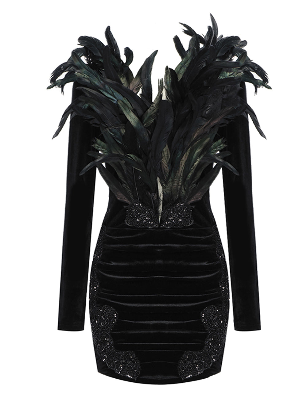 Black Off-Shoulder Feather Trim Velvet Beaded Ruched Bodycon Mini Dress